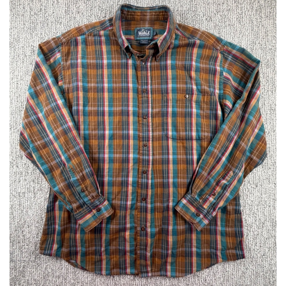 Woolrich Button Down Shirt Mens Large Brown Plaid Flannel Long Sleeve Cotton